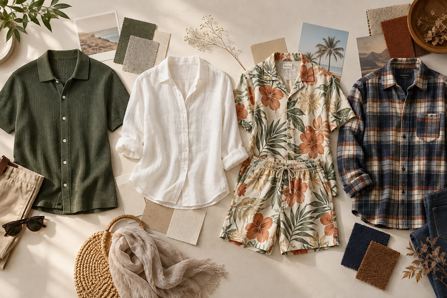 A knit shirt, linen shirt, printed resort set and plaid flannel shirt arranged for an apparel assortment review