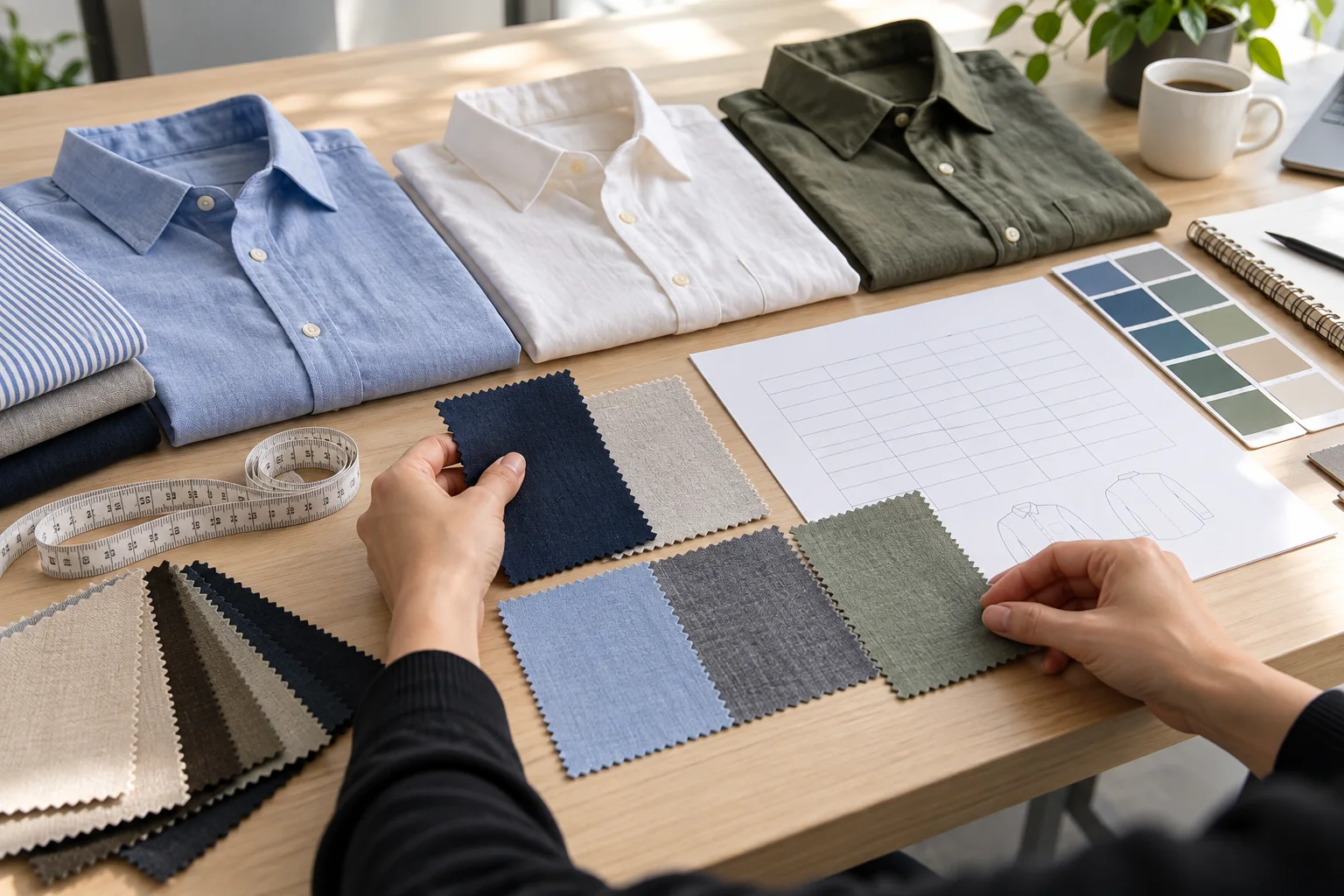 A shirt sample, fabric cards, color swatches and a measurement sheet arranged for a product review
