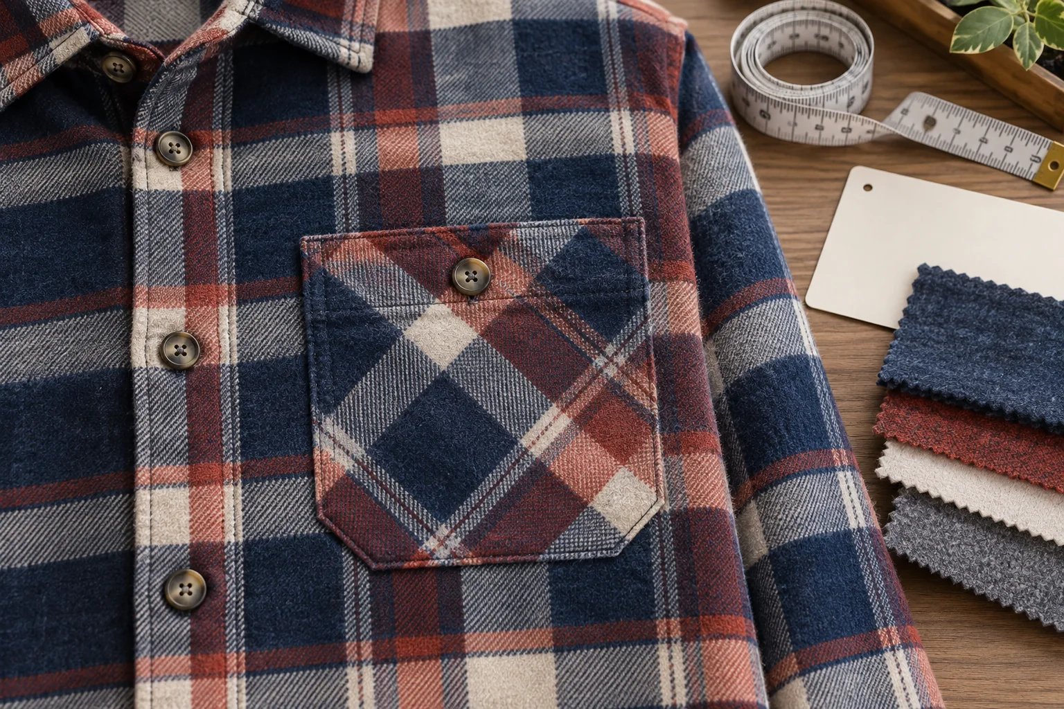 A plaid shirt front, pocket, fabric swatch and ruler arranged to review pattern and measurements