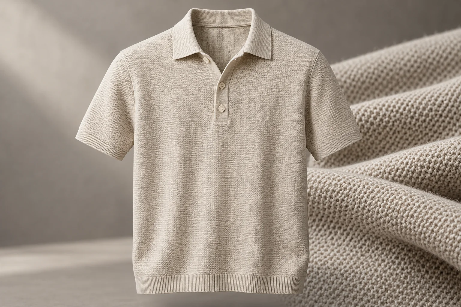 A light neutral knit shirt with a short button placket beside a textured knit swatch