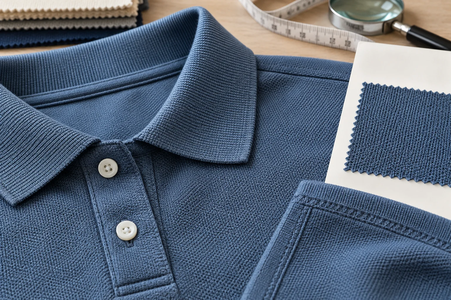 A knit shirt collar, button placket, fabric texture and measuring tape arranged for a sample review