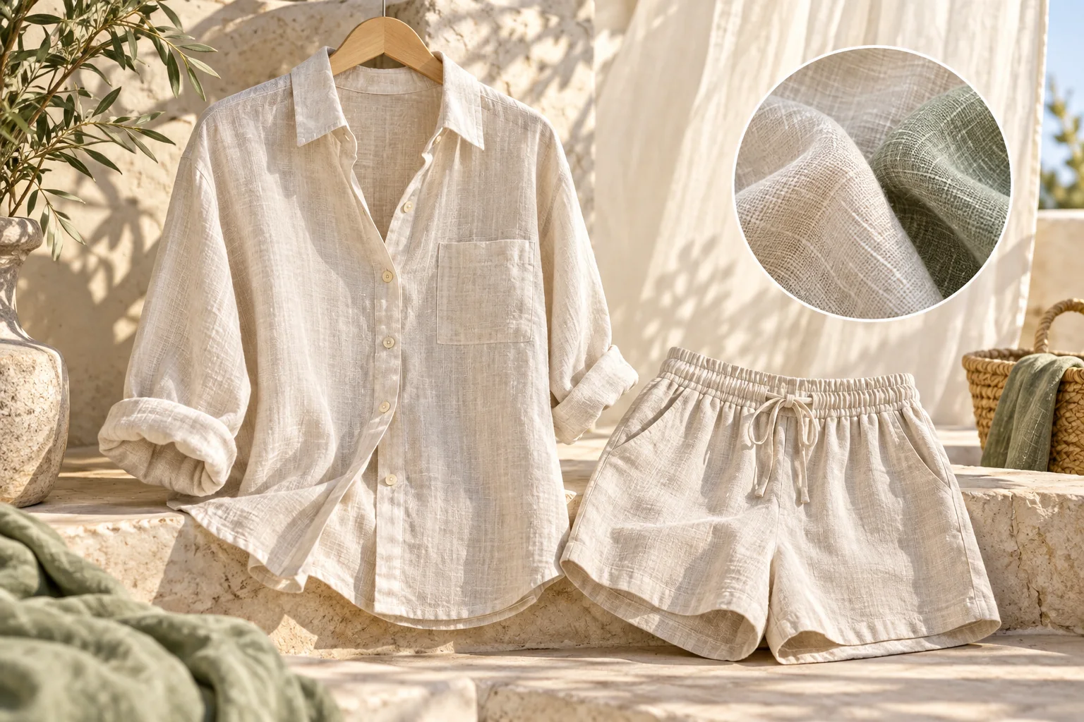 A light linen shirt and coordinated summer outfit beside linen-texture swatches