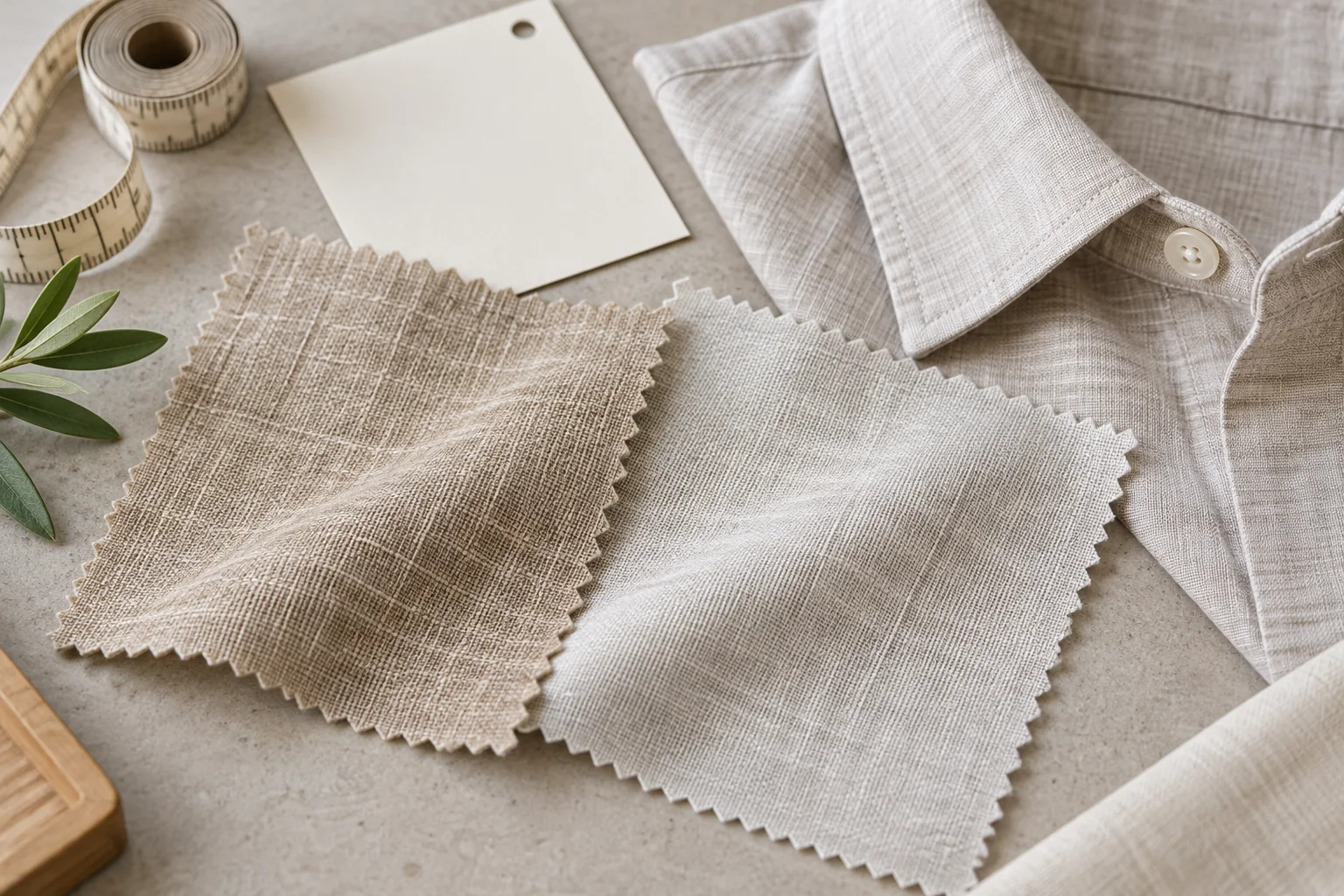 Linen-texture fabric swatches, a shirt collar and a measurement tape arranged for a warm-weather product review