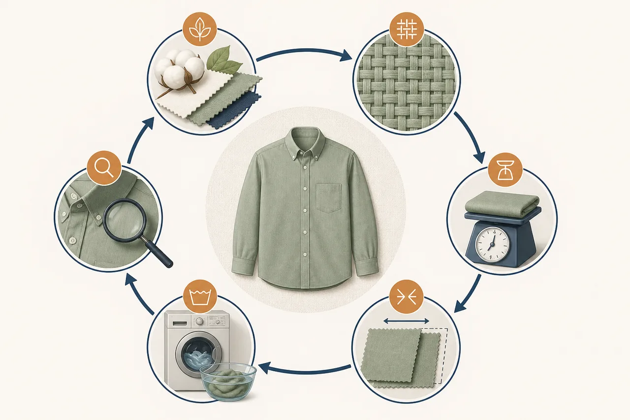 Linen, easy-care and Oxford fabric samples with process notes
