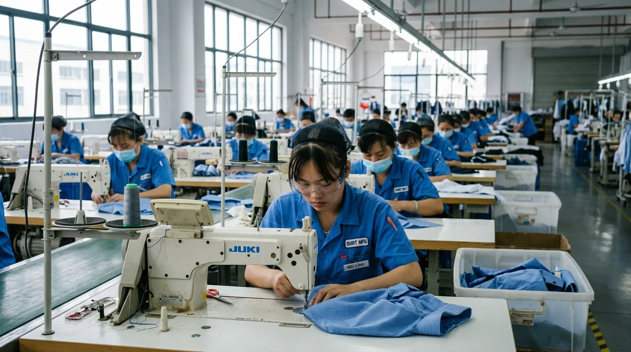 Yiwu Dachen shirt production line and local supply-chain scene