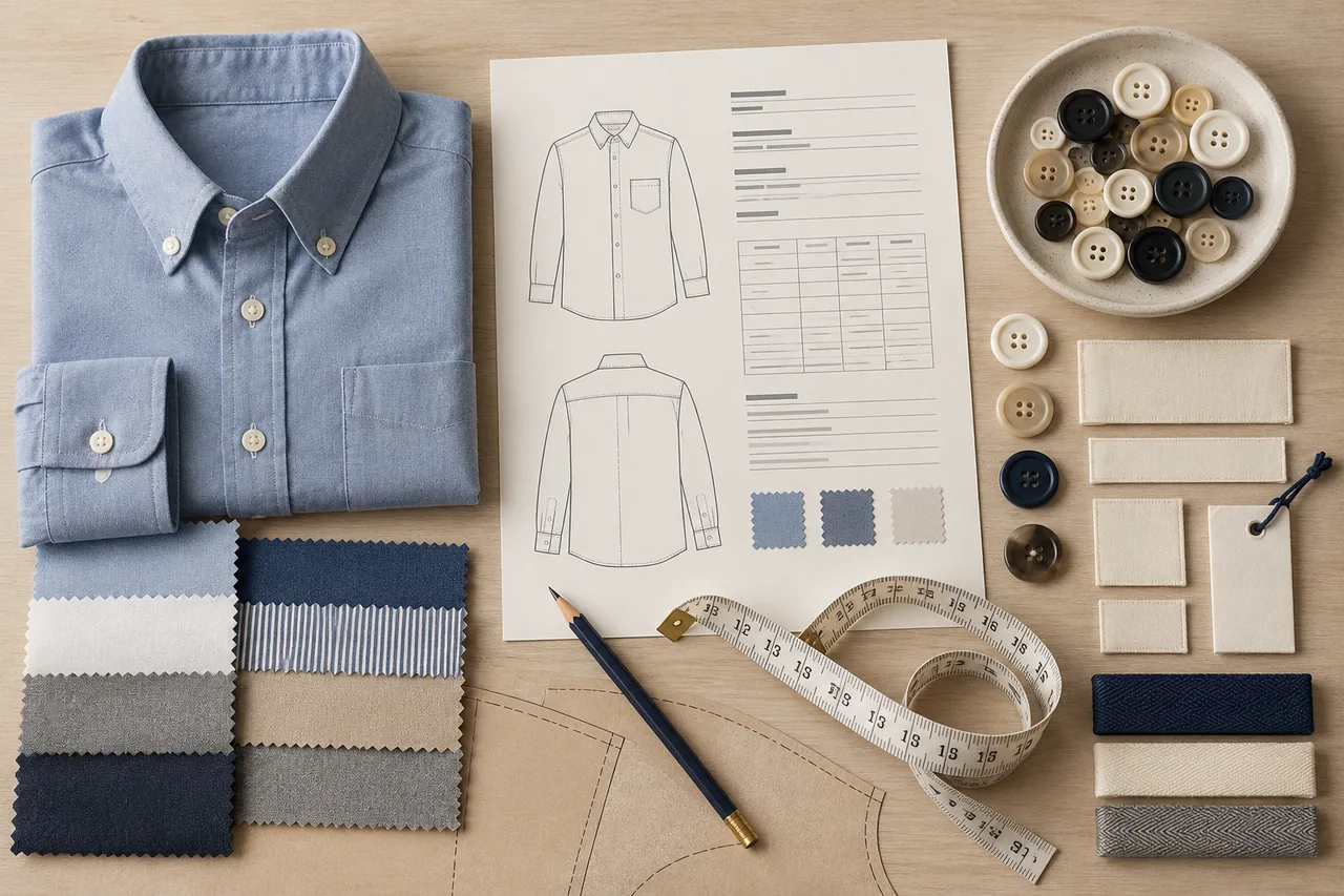 A reference shirt, blank specification diagrams, fabric, buttons and labels arranged in separate groups