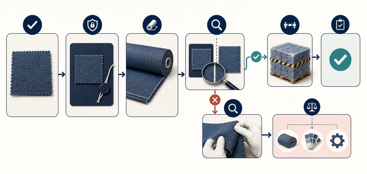 Approved shirt sample beside a bulk-production inspection checklist
