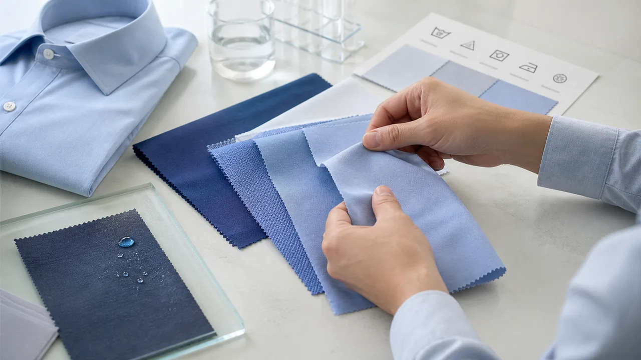 Functional shirt fabric swatches, care labels and a performance checklist