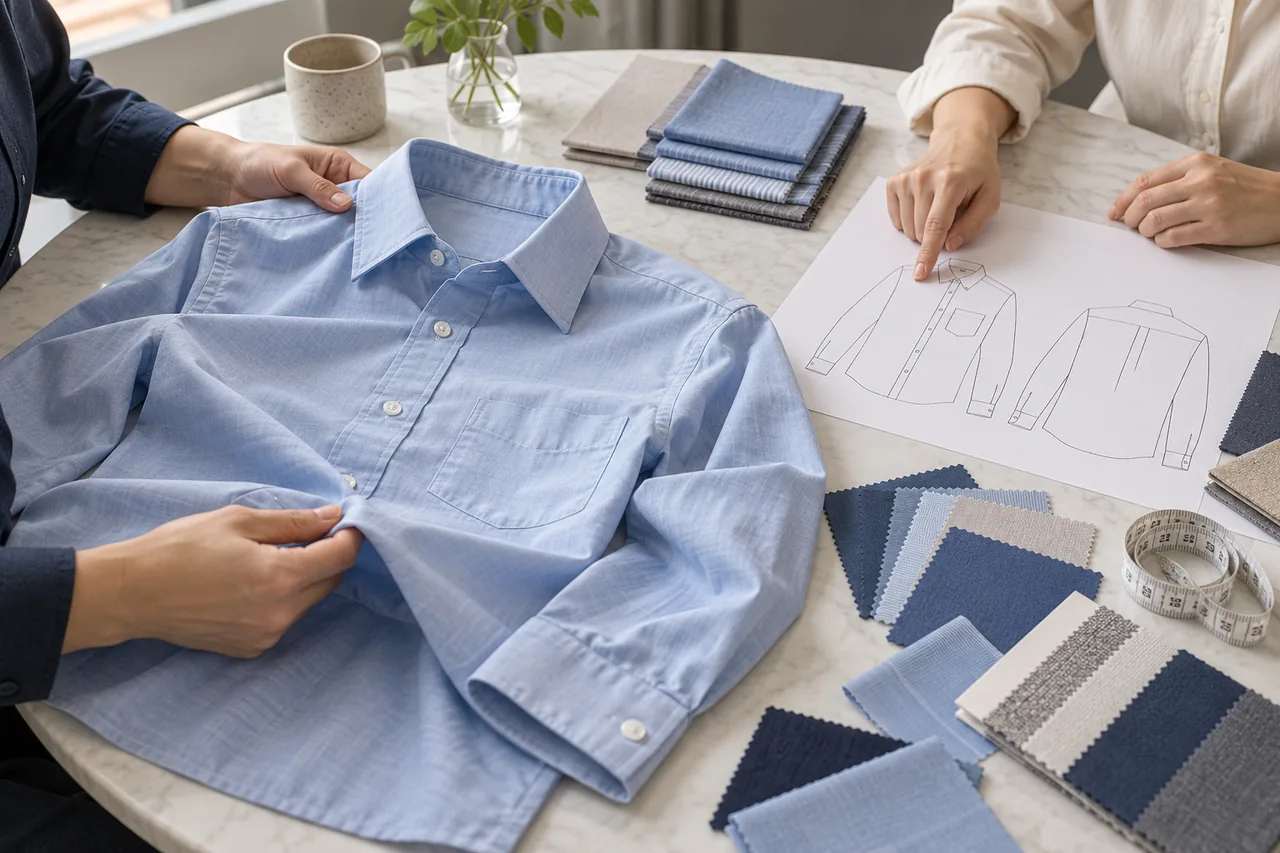 Two people using their hands to review a shirt sample and design drawings at a table