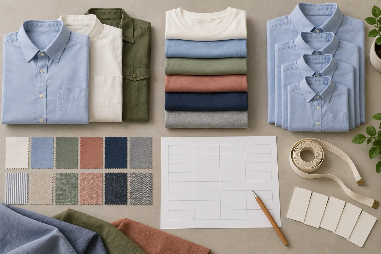 Shirt samples, size cards and a blank purchasing plan arranged in separate groups