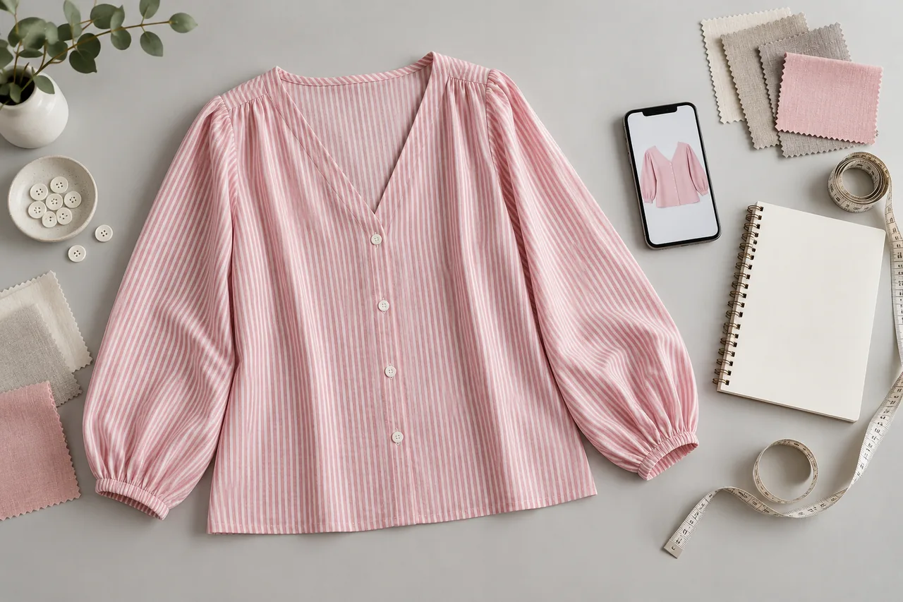 A pink fine-striped V-neck blouse laid flat beside a phone and fabric swatches