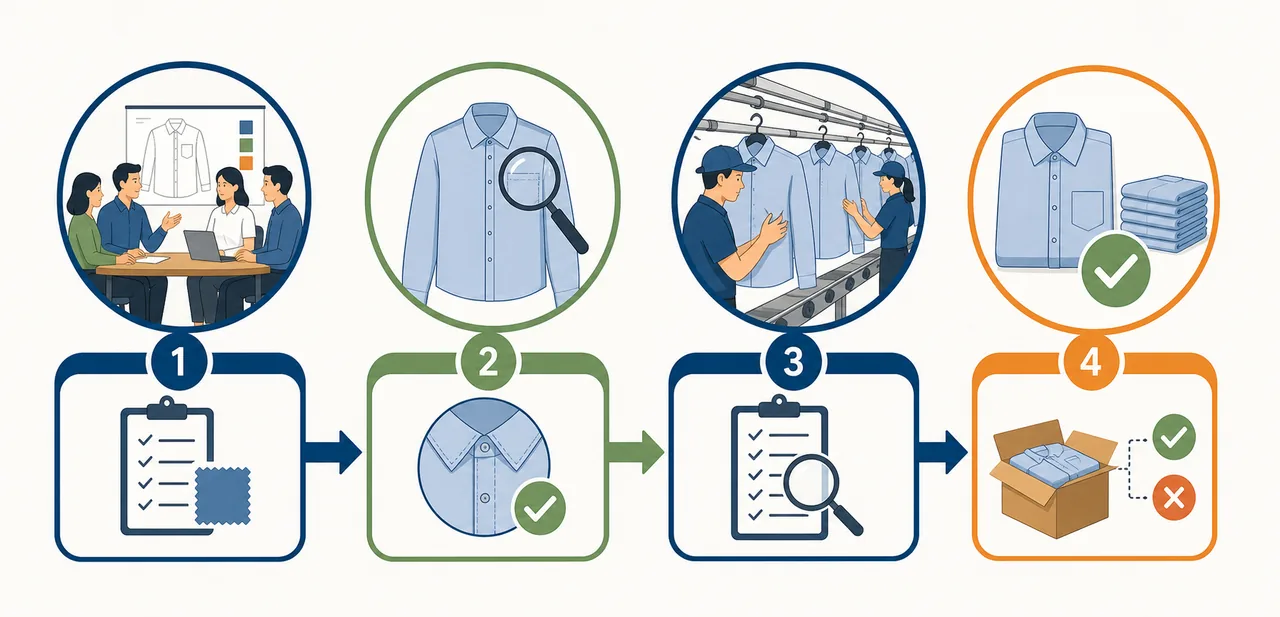 Shirt production line with fabric inspection and finished-garment quality records
