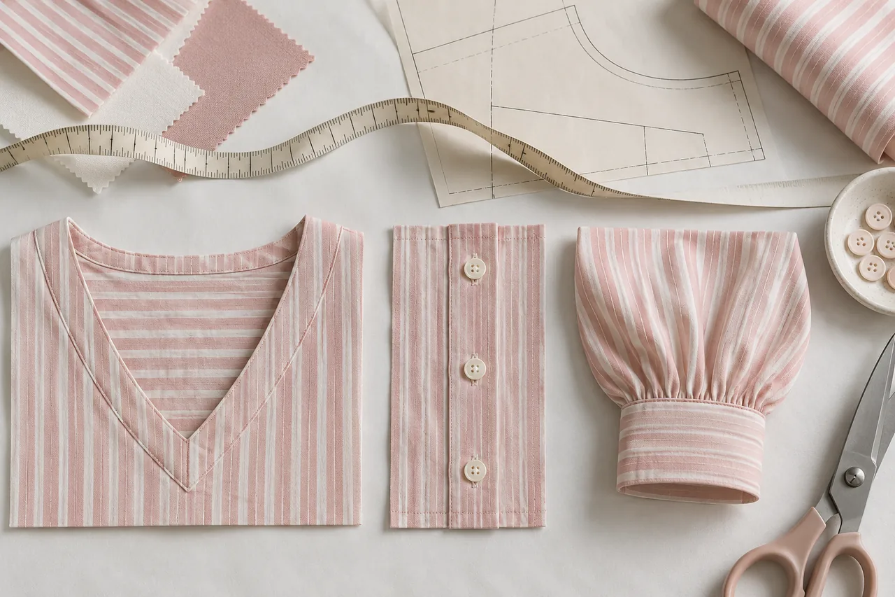 Three separate construction samples showing a neckline, button placket and gathered cuff