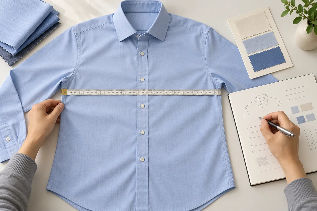 A measuring tape placed across a shirt chest, with revision notes and fabric cards beside it