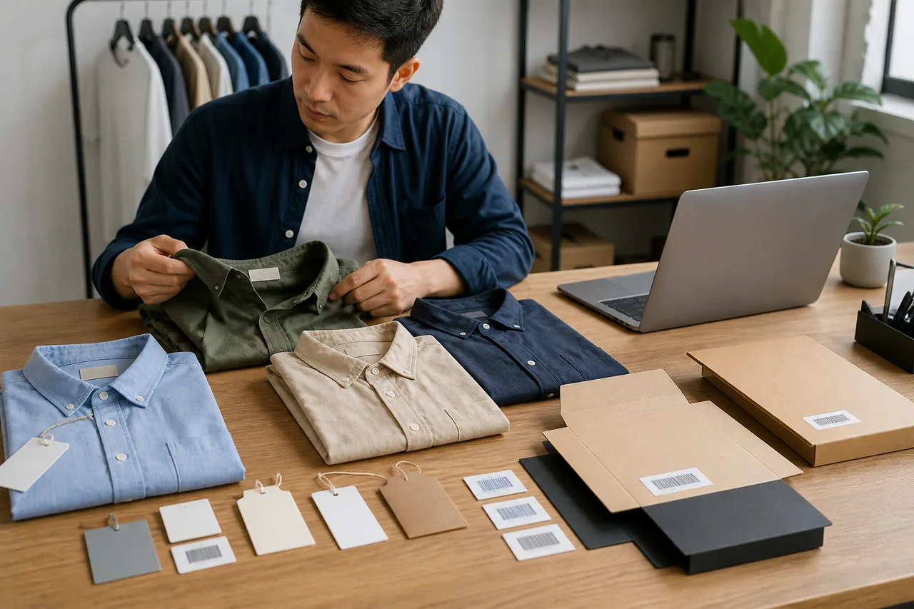 Private-label shirt sample, barcode label and production specification sheet