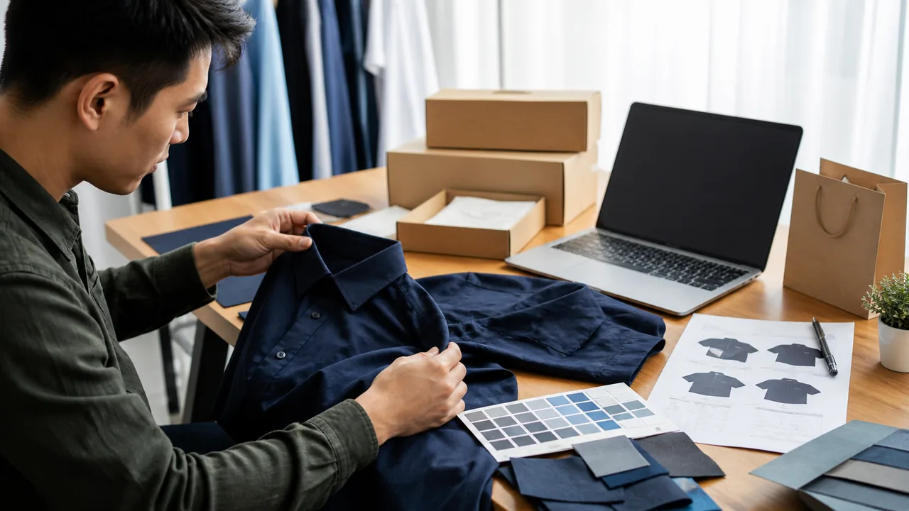 Private-label shirt sample, barcode label and production specification sheet