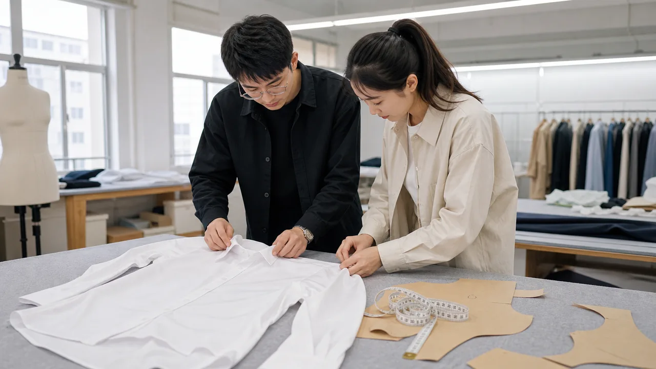 Shirt sample, paper pattern, measuring tape and development worksheet
