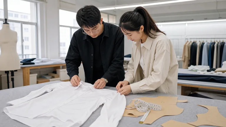 Shirt sample, paper pattern, measuring tape and development worksheet