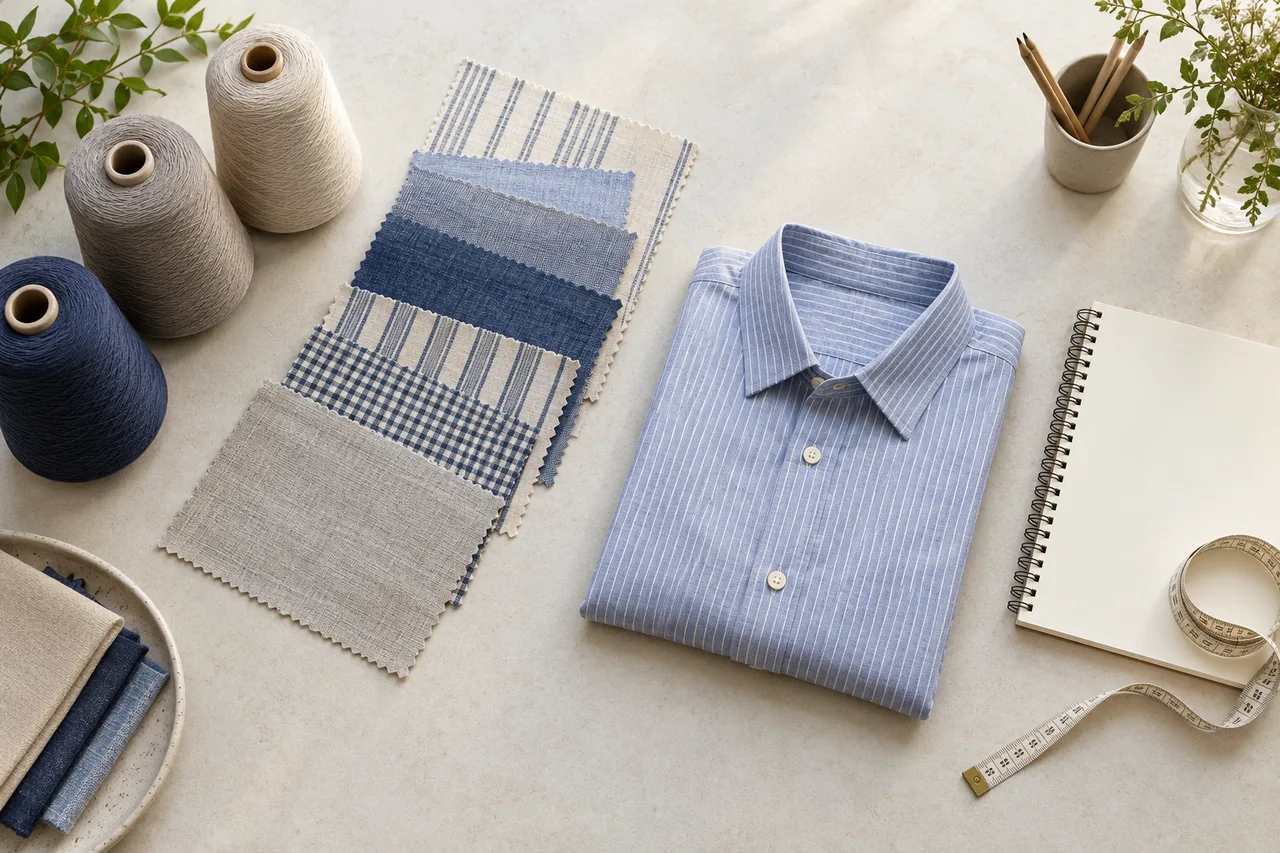 Yarn, yarn-dyed fabric, a shirt sample, and a blank sourcing form arranged by procurement stage