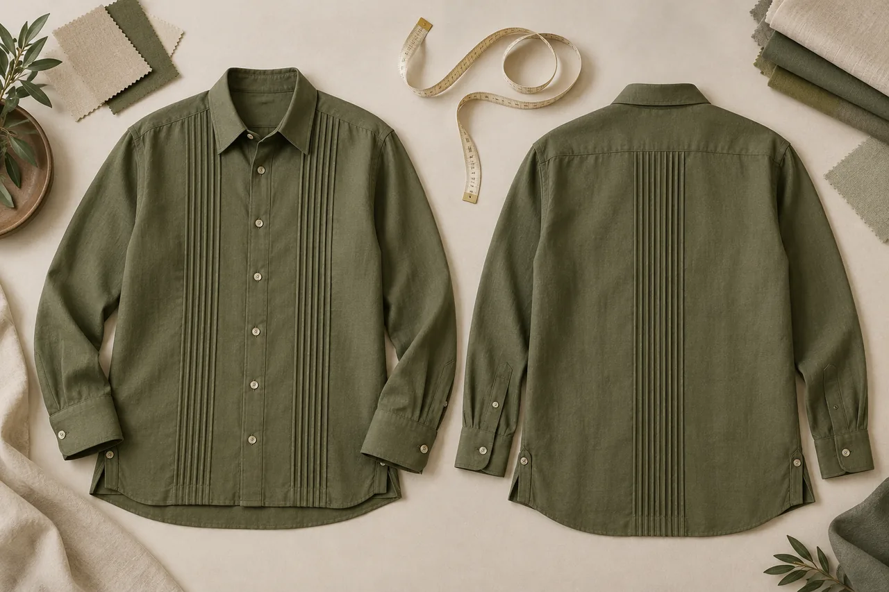 Front and back views of an olive-green pintuck shirt laid flat beside fabric swatches and a measuring tape