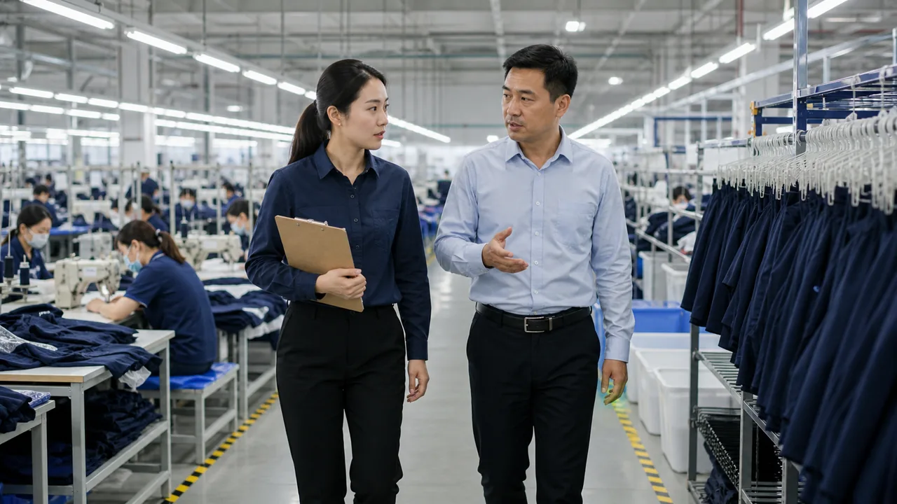 A buyer checking social-compliance documents beside a shirt sample