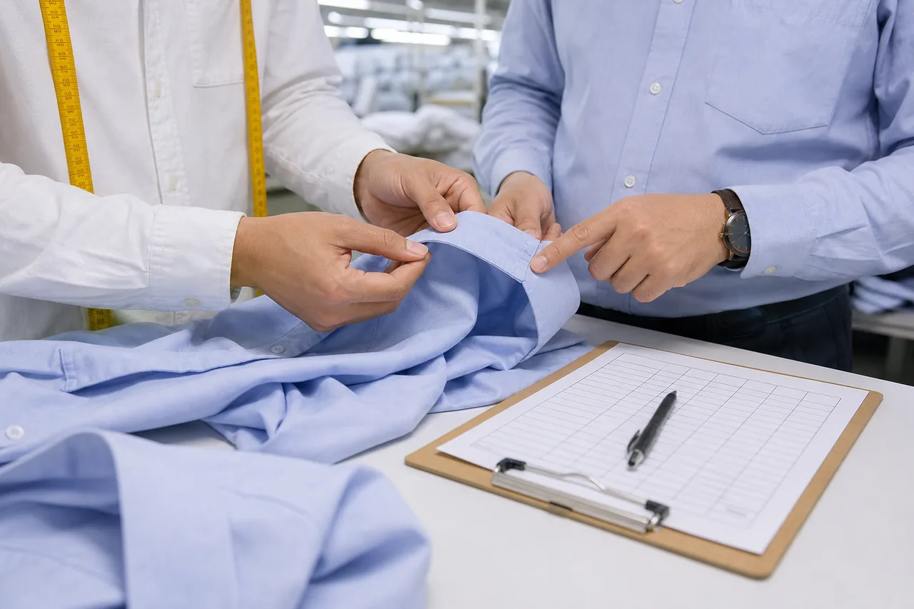 Factory due-diligence checklist beside a shirt quotation and approved sample