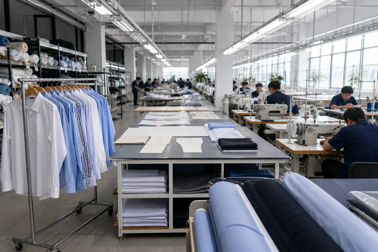 Yiwu Mingsheng shirt factory production floor and shirt development materials