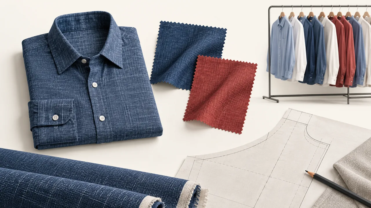 A shirt sample, fabric swatches and sourcing documents arranged as a procurement overview