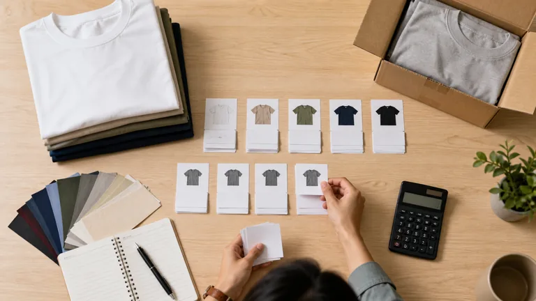 Women's shirt sample and size-planning materials for a controlled pilot order
