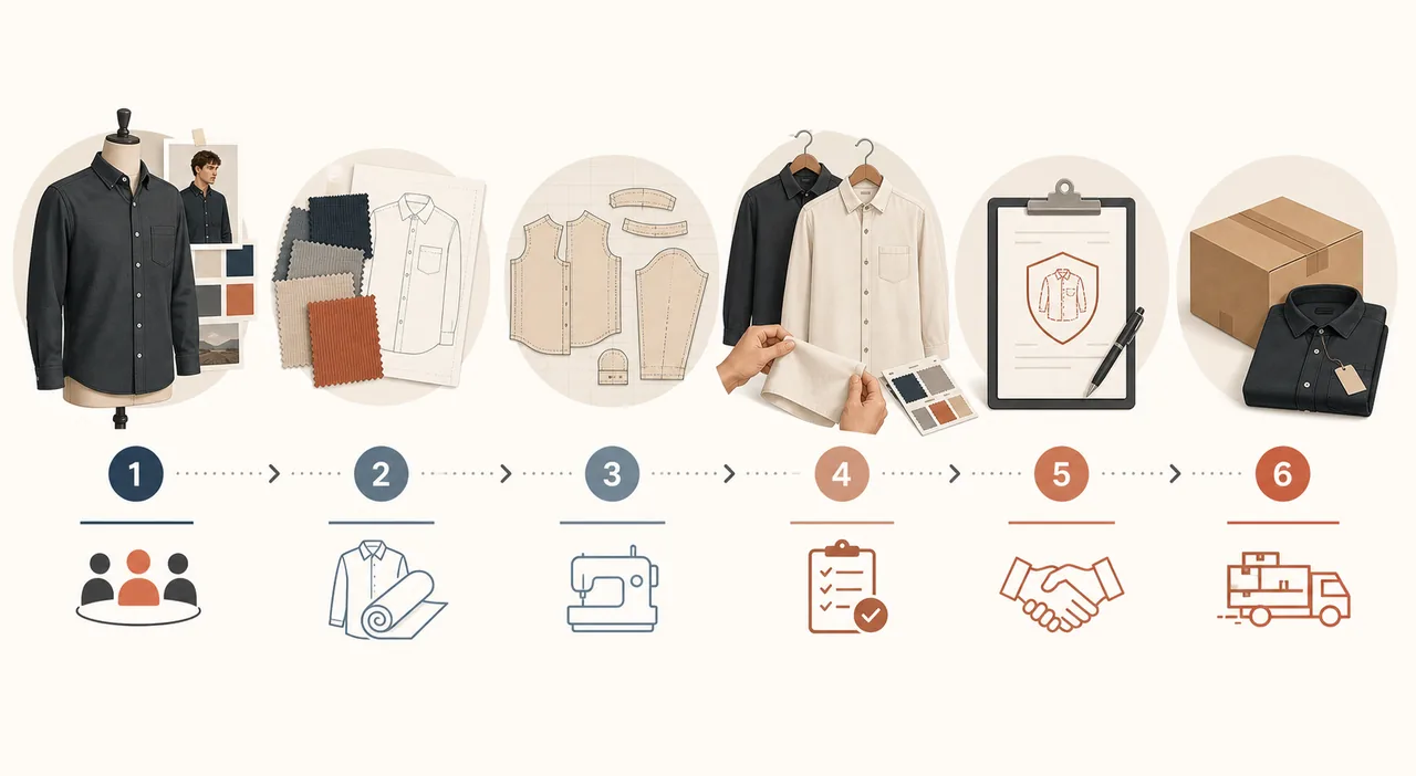 Designer shirt line sketches, fabric swatches and pattern-development notes