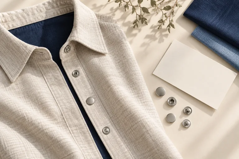 Shirt sample placket, snap fastener components and a blank approval card arranged in a flat lay