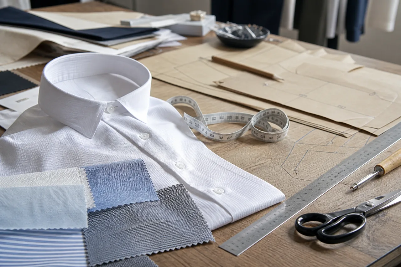 Shirt sample, paper pattern, measuring tape and development worksheet