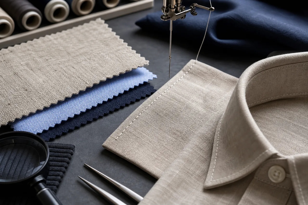 Linen, easy-care and Oxford shirt fabrics arranged with a workmanship worksheet