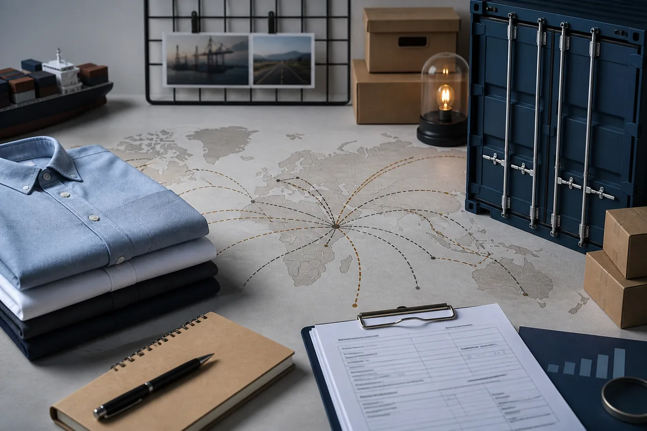 Shirt export cartons, sourcing documents and a cost review worksheet