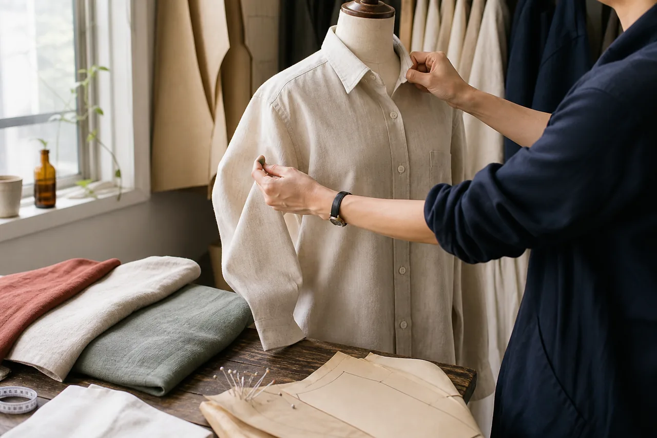 Designer shirt sketches, fabric swatches and a first-order planning sheet