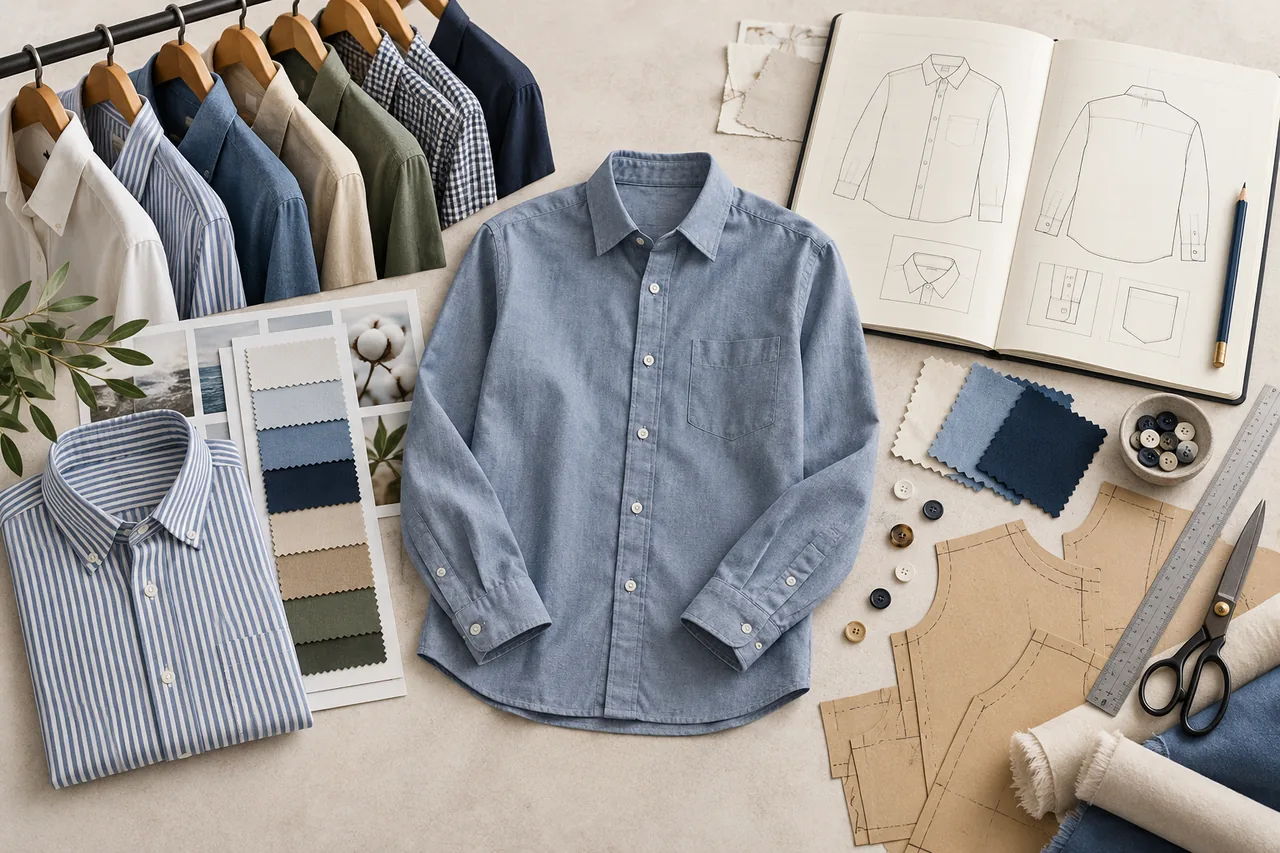 Shirt samples, fabric cards and technical drawings on a worktable beside a garment rail