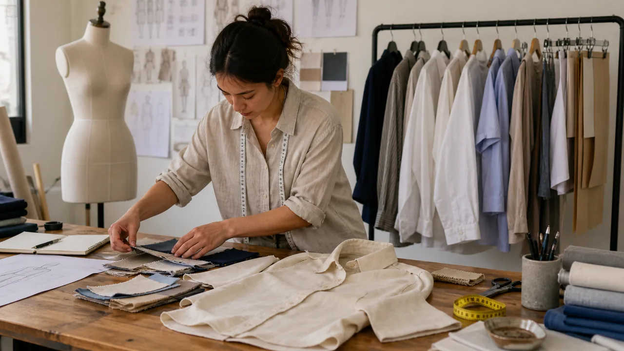 Designer shirt sketches, fabric swatches and a first-order planning sheet