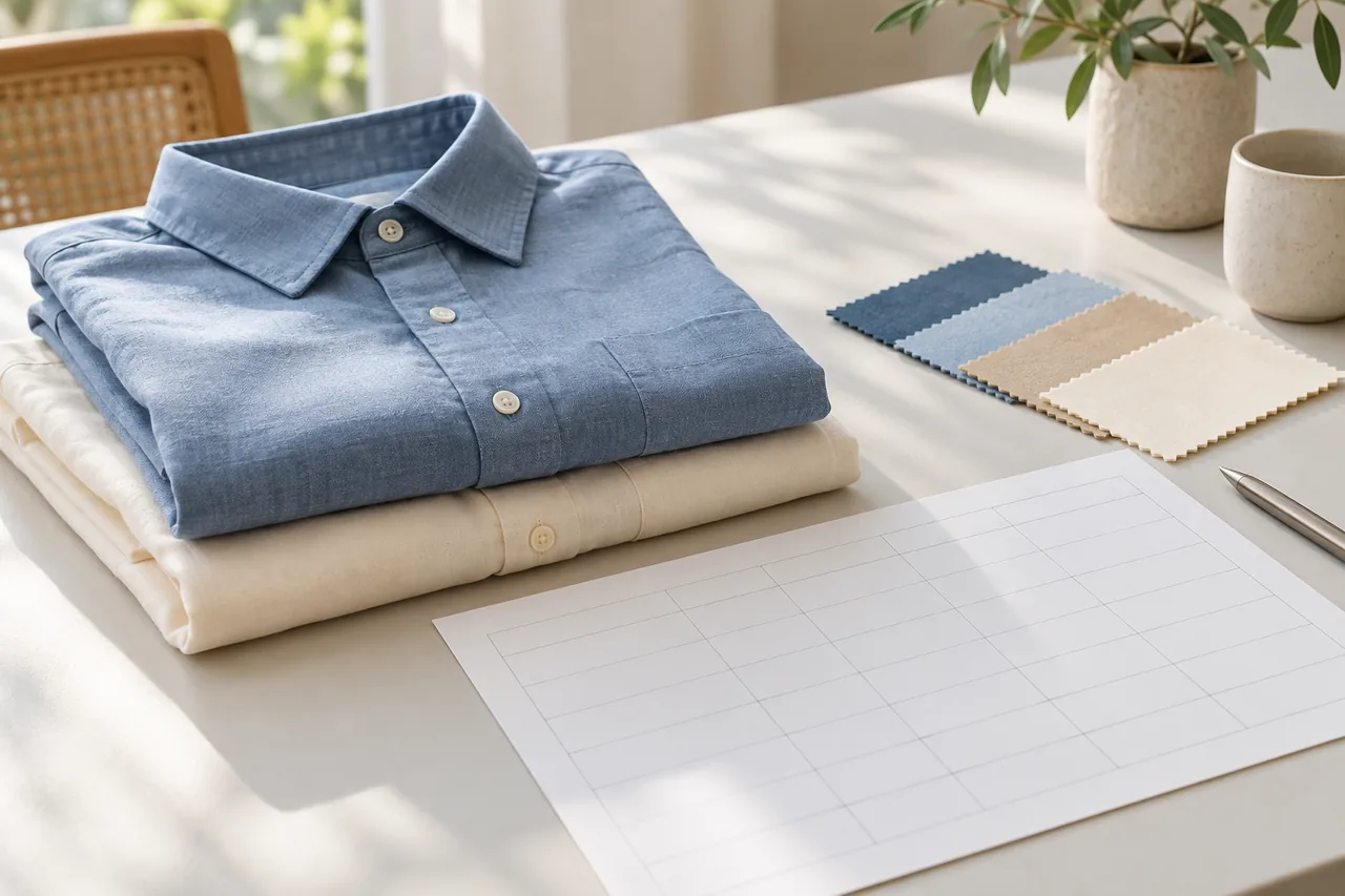Folded shirts, color swatches and a blank inventory planning sheet on a table