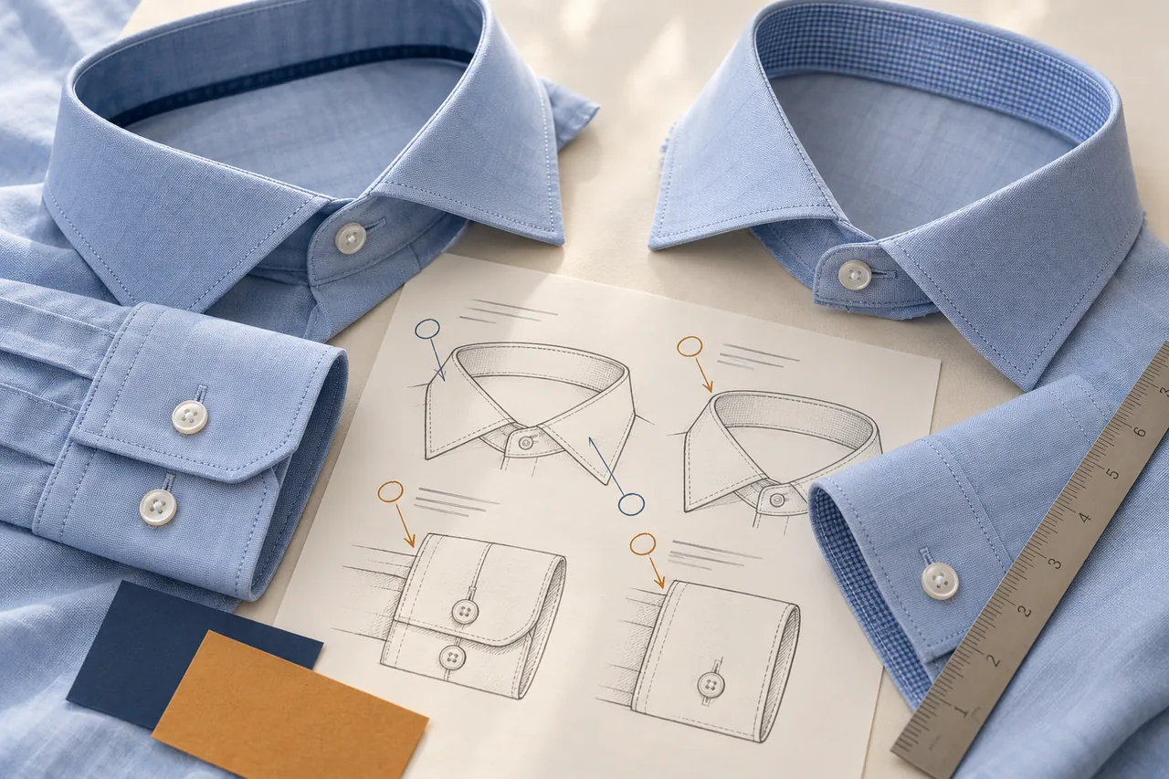 Shirt collar and cuff details arranged with revision cards and annotated change notes