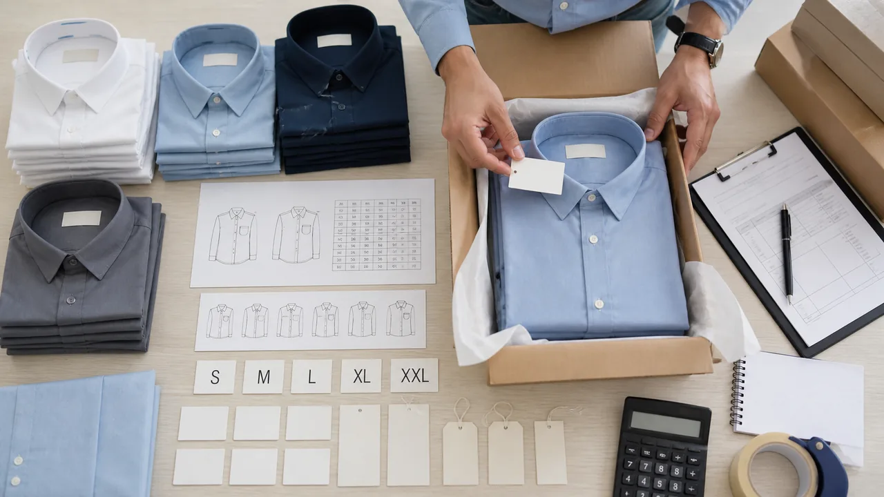 Shirt fabric swatches, size charts and export documents for a regional order