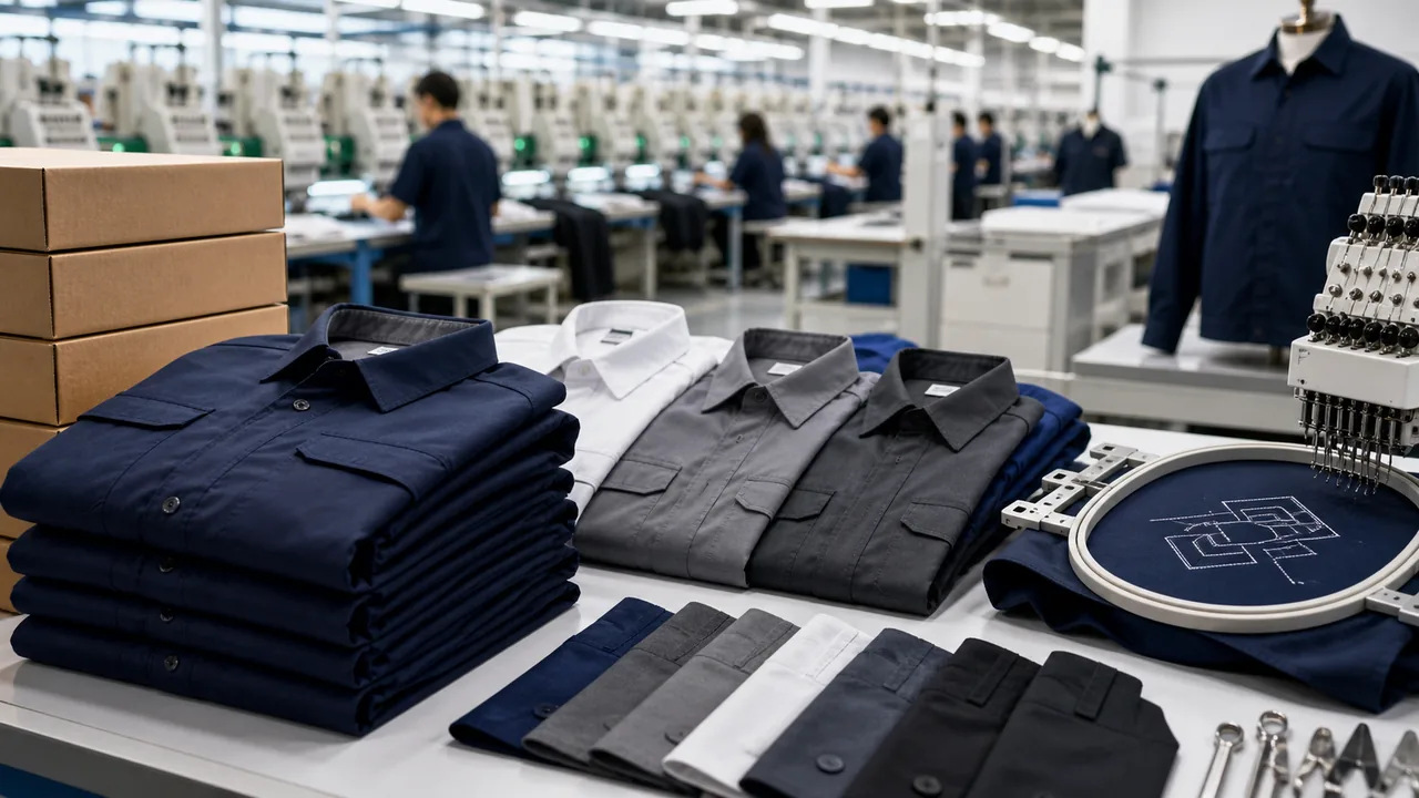 Logo artwork, work-shirt measurement chart and an approval sample