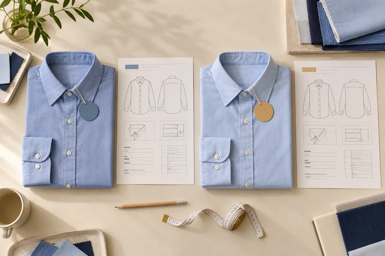 Two folded light blue shirts with blue and yellow revision cards and separate specification sheets