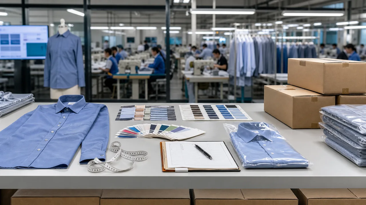 Private-label shirt cartons, barcode labels and a shipment checklist