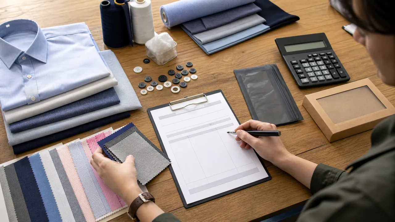 Shirt OEM cost worksheet with fabric, trims and quantity breakdowns