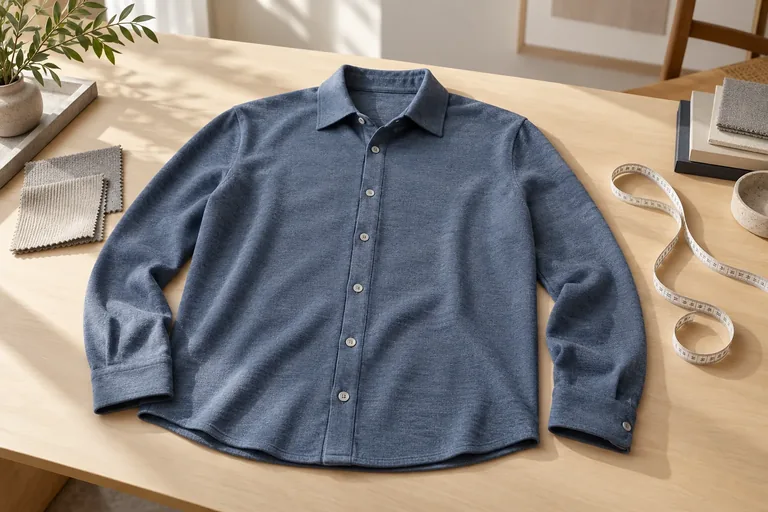 A slate-blue knit button-front shirt laid flat beside a measuring tape and fabric swatch