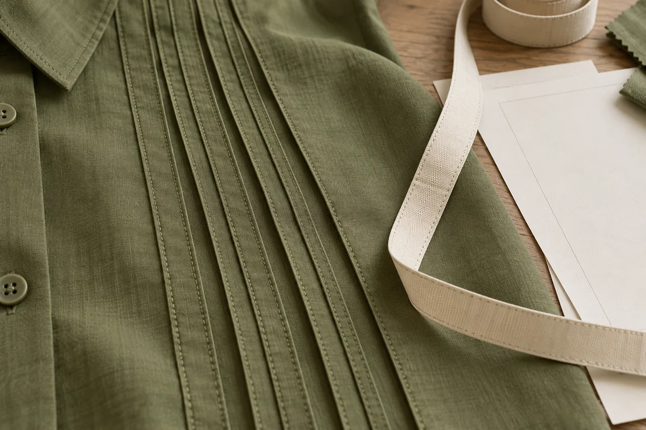 A close-up of shirt pintucks, a measuring tape and blank specification paper on a worktable