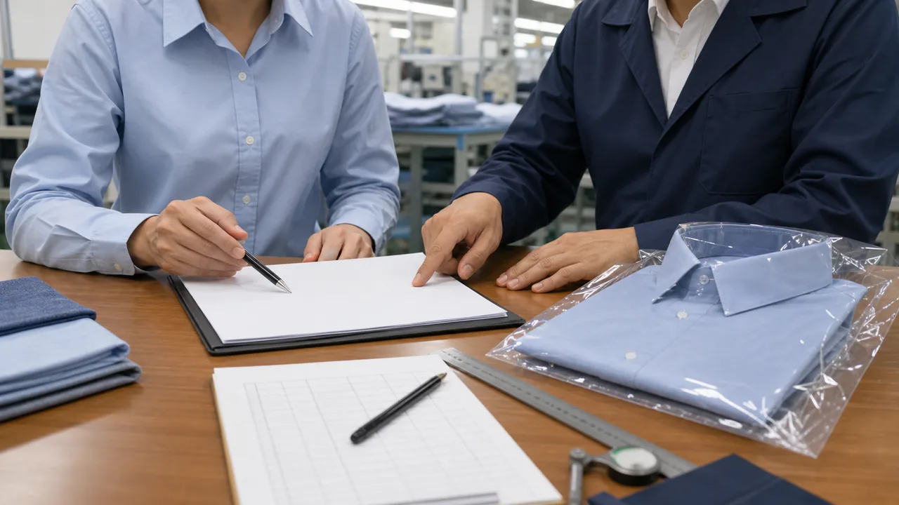 Factory due-diligence checklist beside a shirt quotation and approved sample