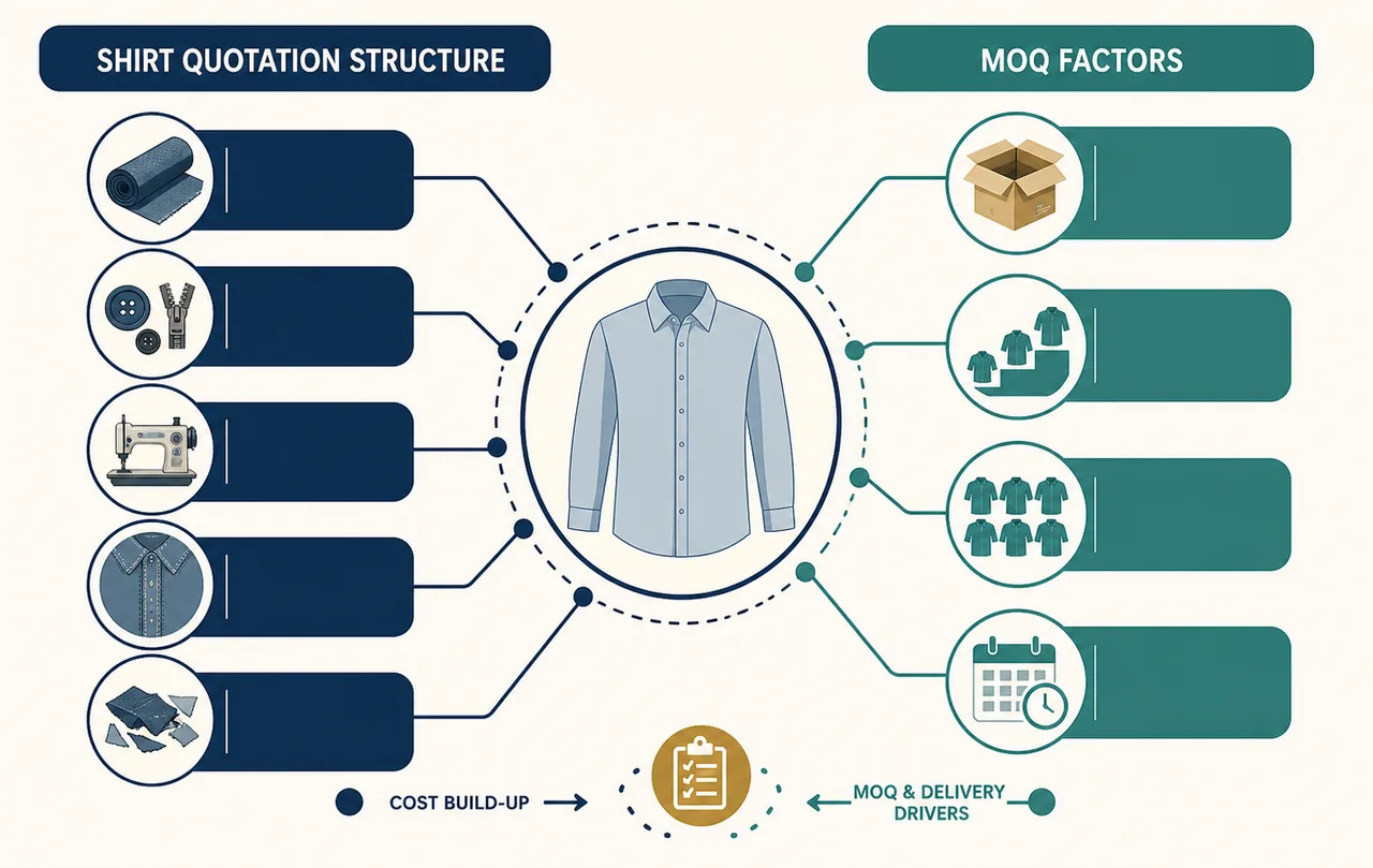 Shirt OEM cost worksheet with fabric, trims and quantity breakdowns