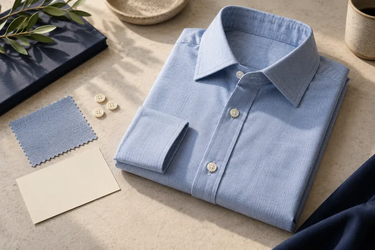 A pale blue shirt, fabric swatches and a blank costing sheet arranged on a tabletop