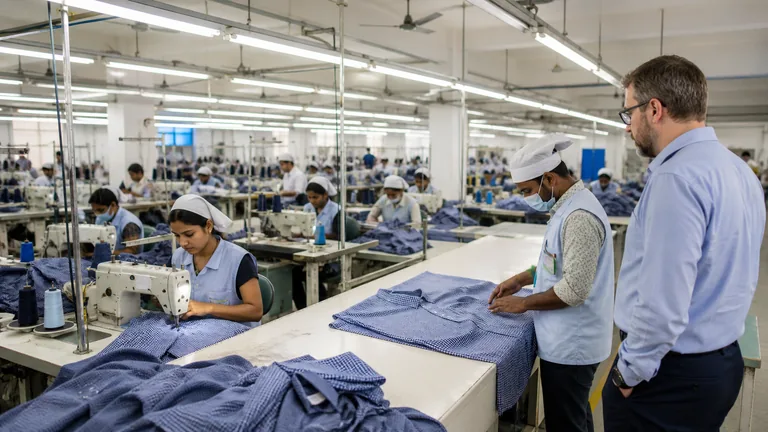 A brand buyer and factory team reviewing a shirt sample, size chart and development responsibilities